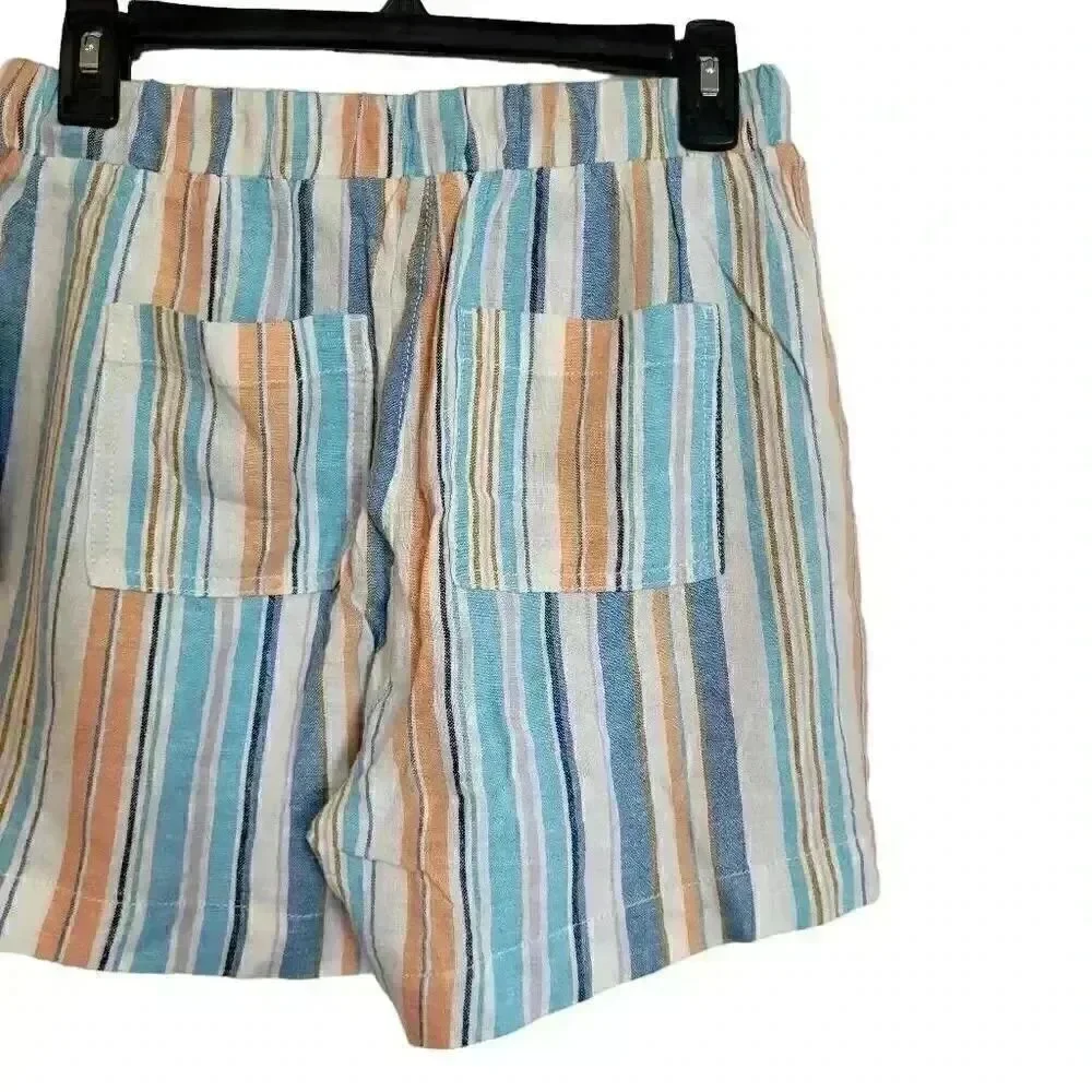 Briggs Women's White/Aqua/Orange Linen/Rayon Drawstring Cuffed Shorts w Pockets